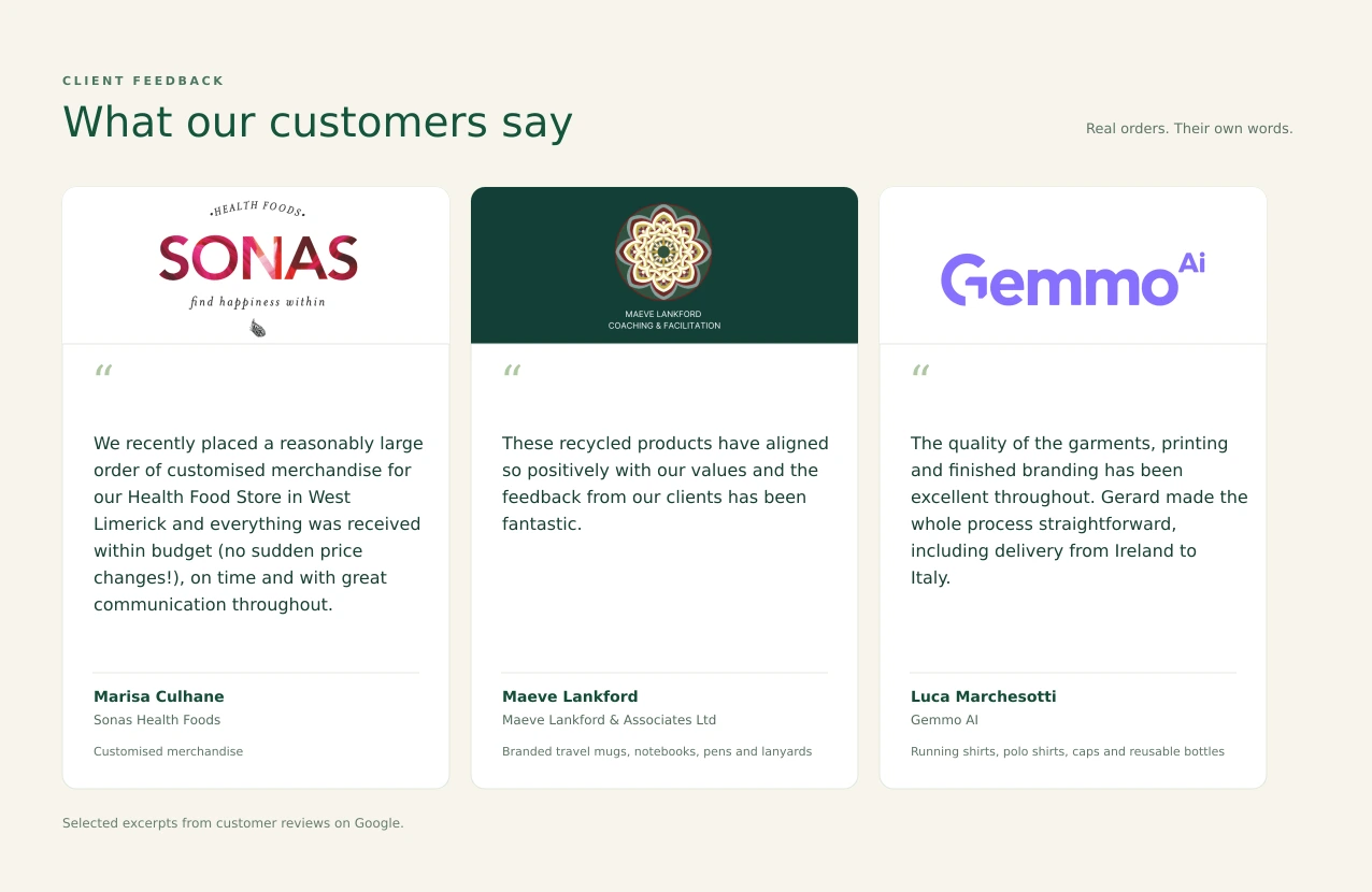 What our customers say | Sustainable Workwear Ireland Customer reviews of Sustainable Workwear Ireland from Sonas Health Foods, Maeve Lankford and Gemmo AI.