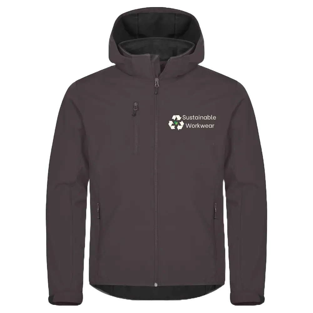 Recycled softshell jacket with Sustainable Workwear Ireland logo – eco-friendly corporate outerwear made from low-impact materials.