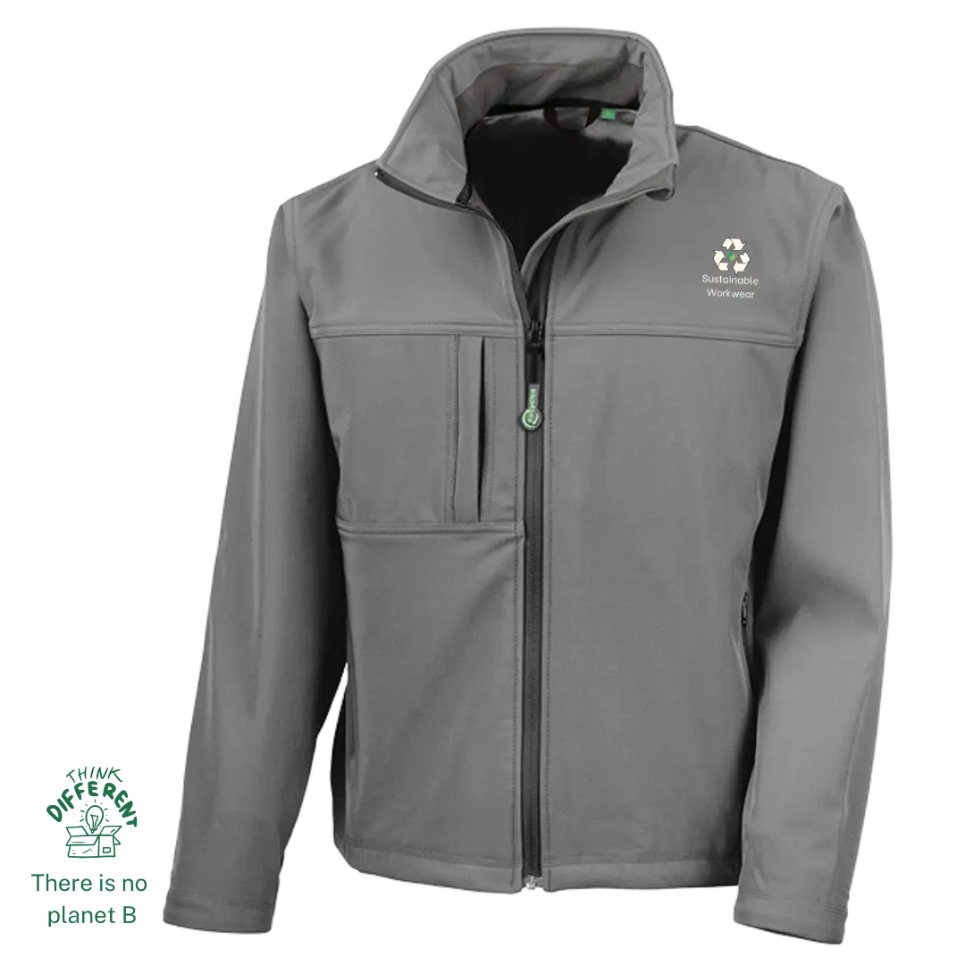 Recycled softshell jacket with Sustainable Workwear Ireland logo – eco-friendly corporate outerwear made from low-impact materials.