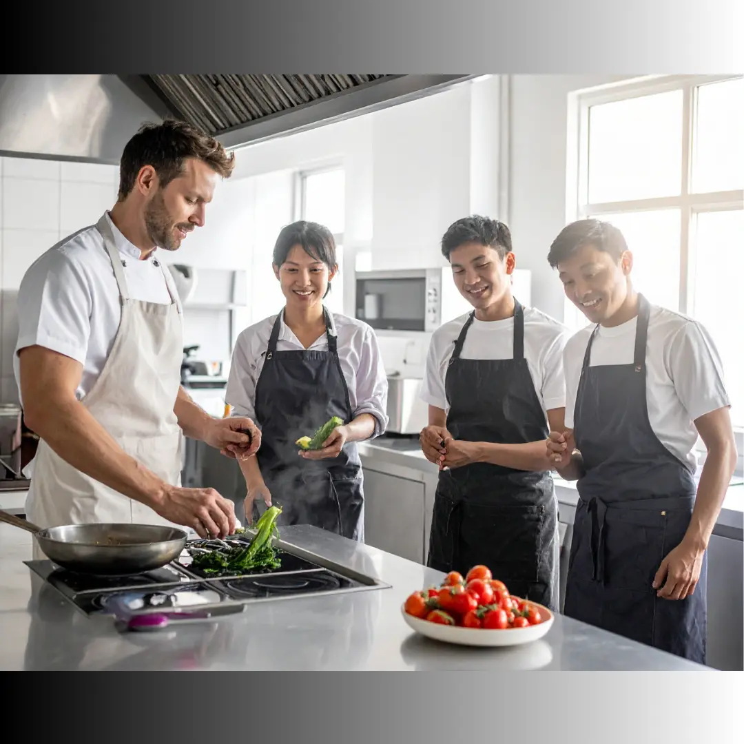 Professional kitchen team wearing sustainable aprons and workwear, demonstrating eco-friendly uniform options for hospitality and restaurant staff in Ireland.