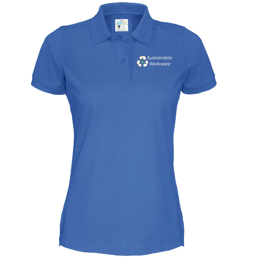 Fairtrade-certified sustainable polo shirt with Sustainable Workwear Ireland branding, made from eco-friendly materials for corporate and hospitality teams.