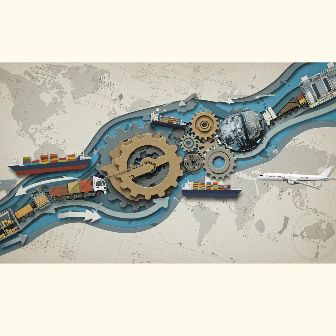 Sustainable Supply Chain Illustration Illustration of a global sustainable supply chain showing transport, logistics and production processes connected through gears and arrows.