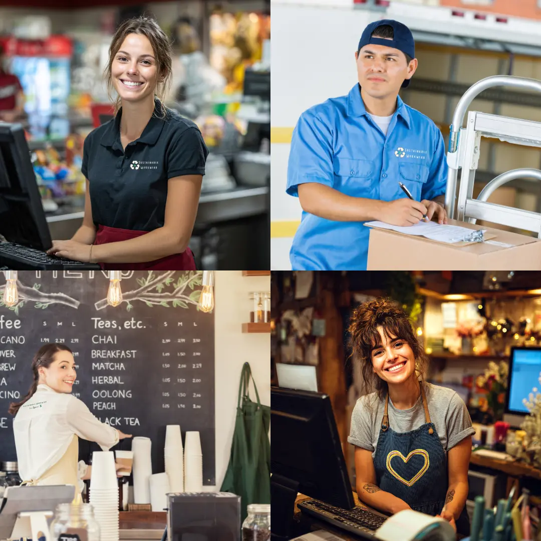 Diagram showing sustainable uniform options for different roles in an Irish retail and health store environment.