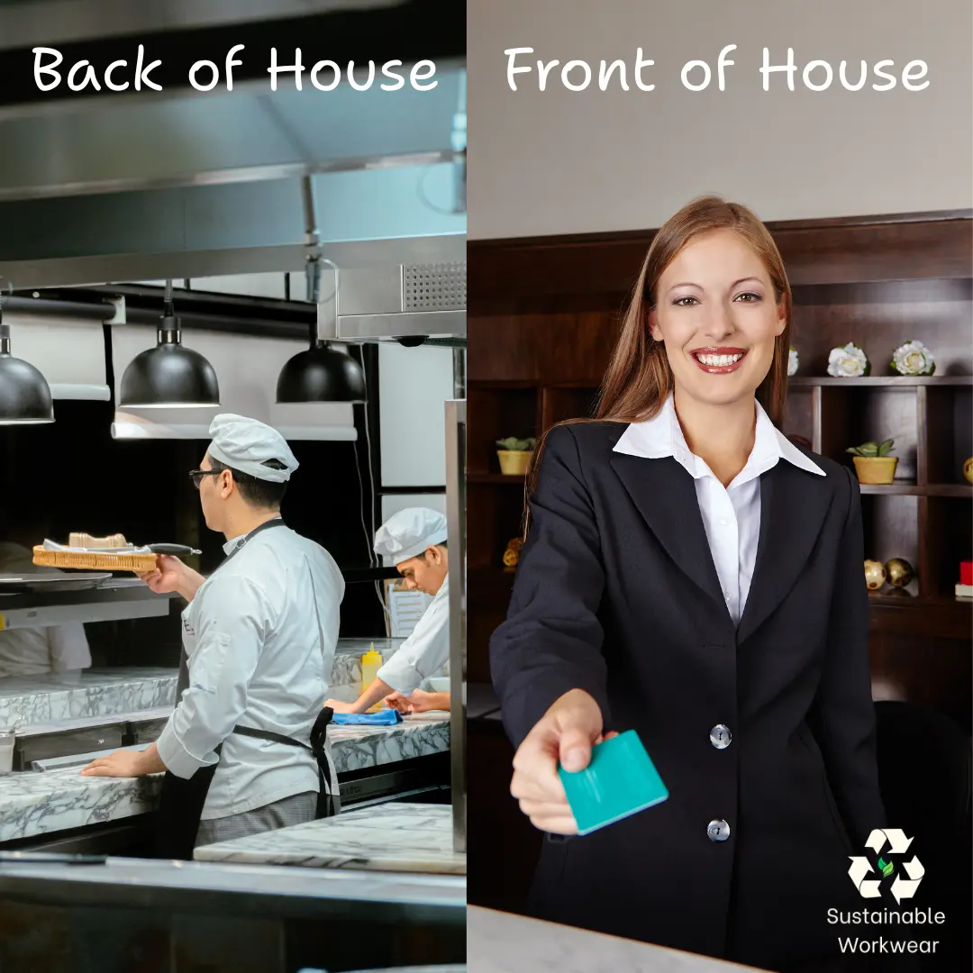 Diagram showing sustainable uniform options for front-of-house and back-of-house hospitality roles in Ireland