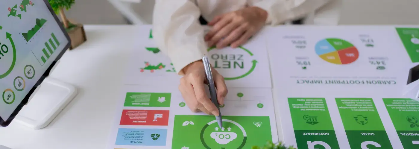 Person reviewing net zero and carbon footprint reports on a desk with sustainability charts and a tablet