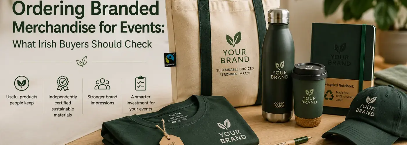 Sustainable Branded Merchandise Event Buying Guide Sustainable branded merchandise for events, including a tote bag, reusable bottle, travel cup, notebook, T-shirt and cap.