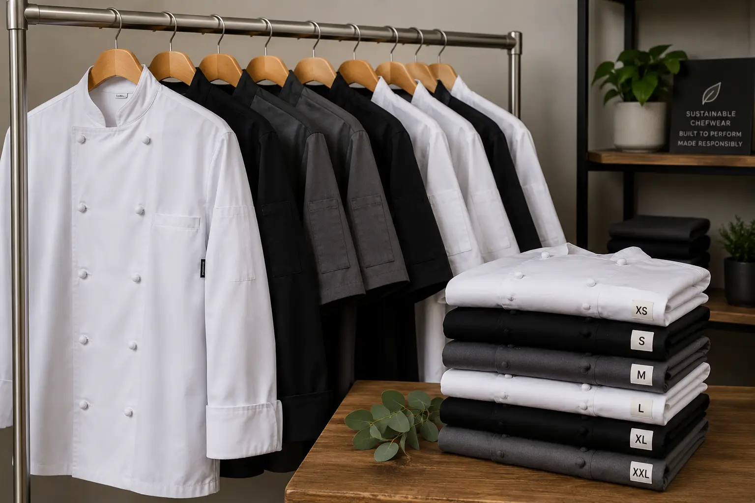 Chef Uniform Sizes and Colours Rail of chef jackets in white, black and grey with folded stack showing sizes XS to XXL