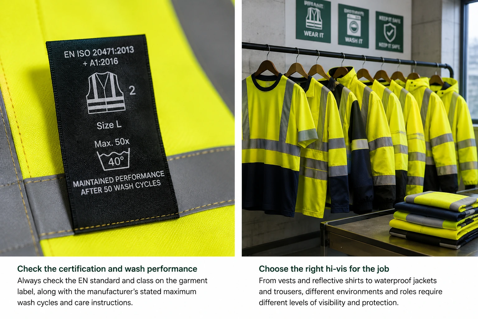 EN ISO 20471 hi-vis workwear label showing wash performance alongside hi-vis garments