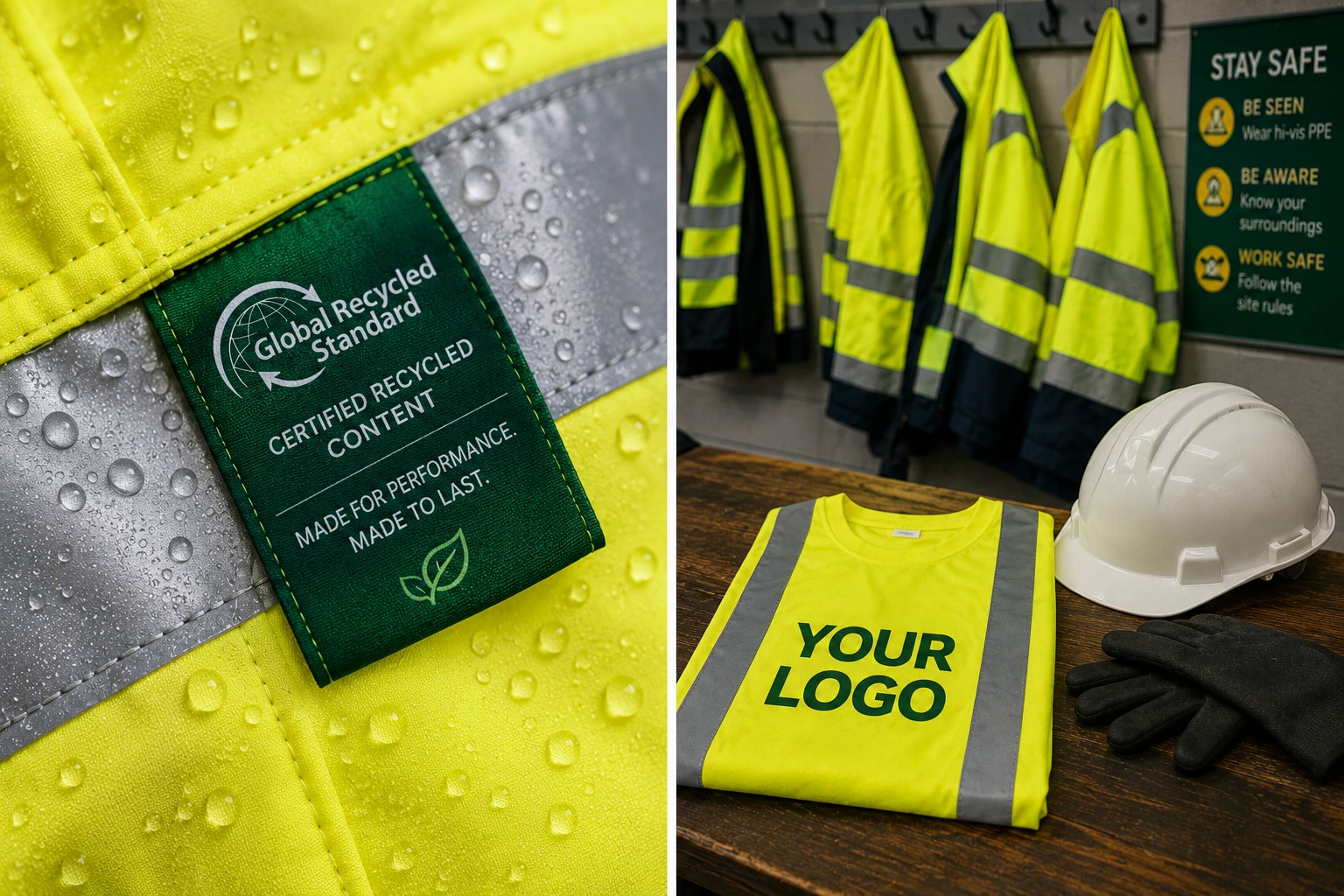 Recycled hi-vis workwear with GRS certification and branded safety garment