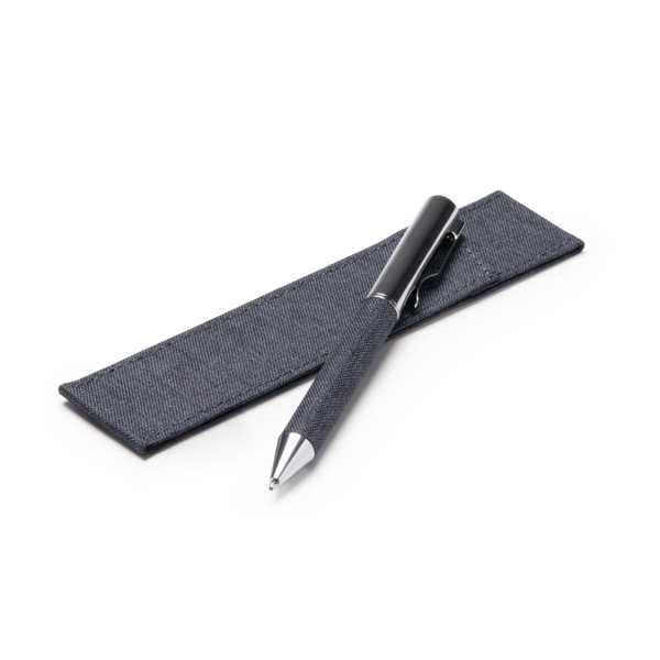 Twist ball pen in metal and RPET polyester. Blue ink. In a matching RPET polyester pouch.