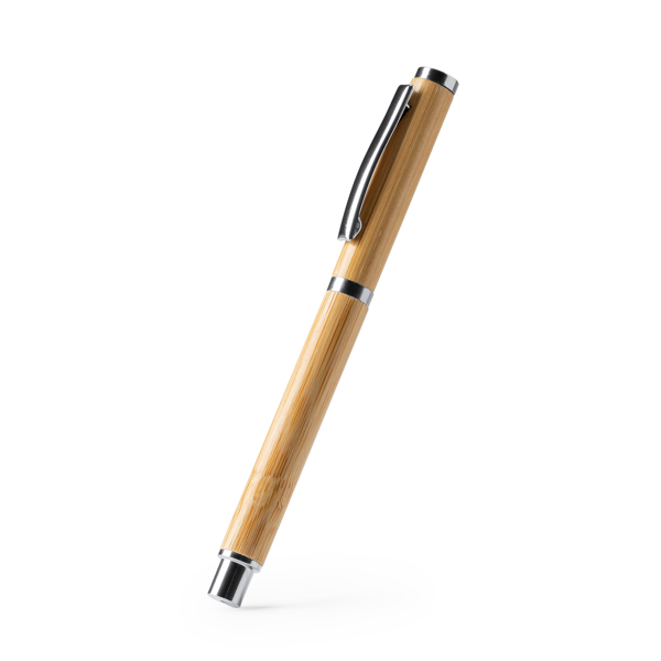 Roller pen with bamboo body and metal details. Jumbo refill in blue ink.