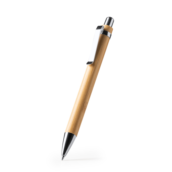 Bamboo ball pen with push button and metal details. Blue ink.