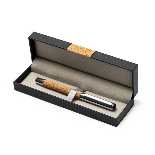 Promotional roller pen in natural cork and steel.