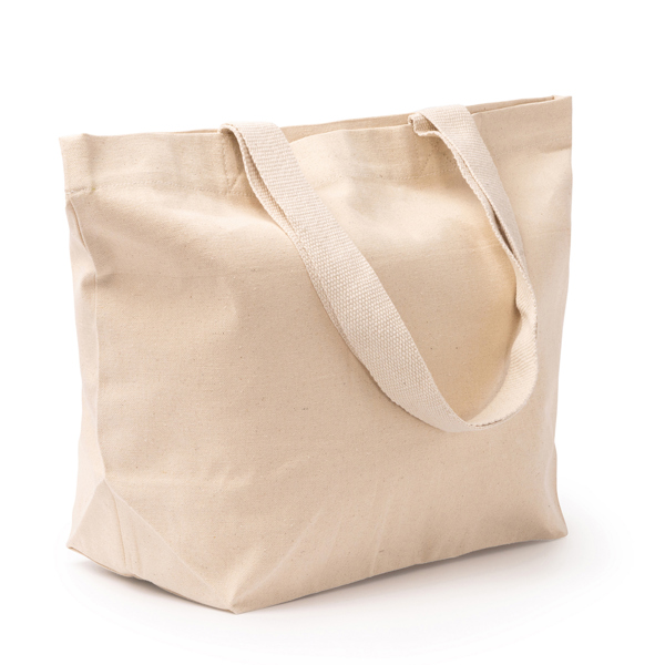 Large bag in 330 gsm recycled cotton canvas. Reinforced 70 cm long handles.