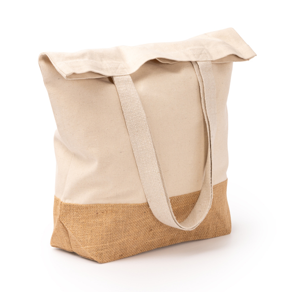 Bag in 330 gsm recycled cotton and natural yute. 70 cm long handles.