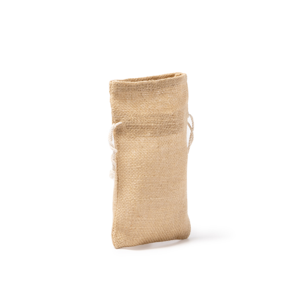 Sack style bag made of natural jute with cotton drawstring fastening.