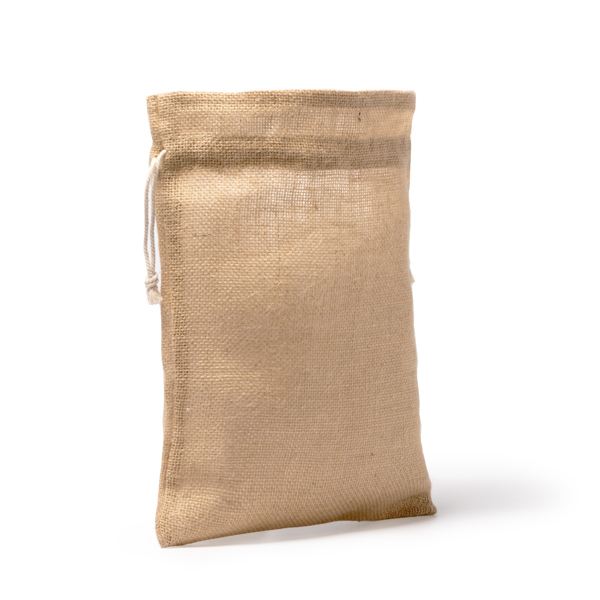 Sack style bag made of natural jute with cotton drawstring fastening.