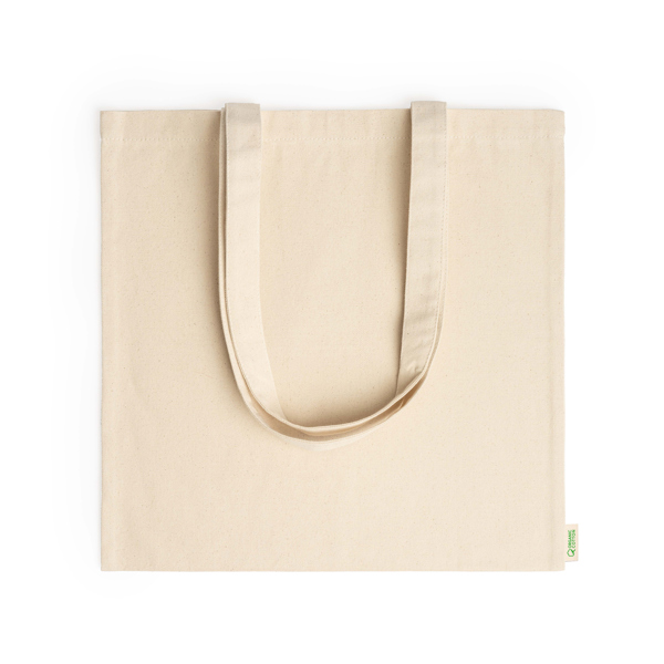 100% organic cotton bag with practical 70 cm long handles. 300 gsm.