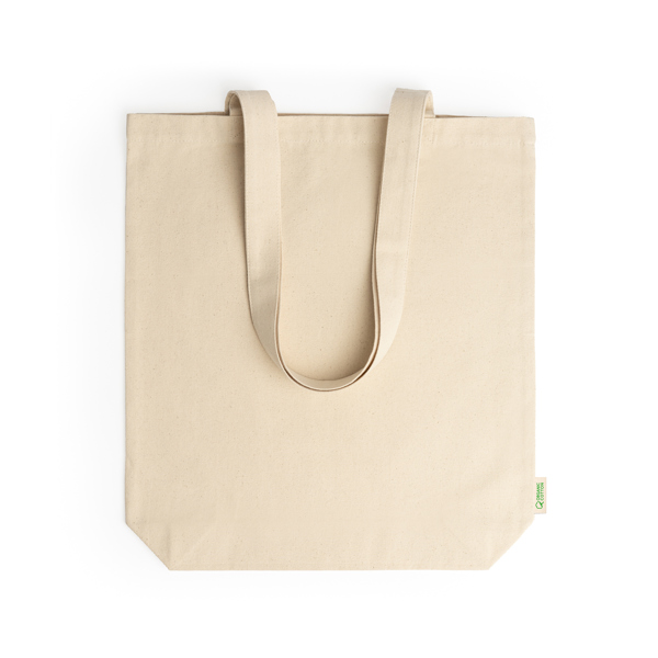 100% organic cotton bag with gusset and practical 70 cm long handles. 280 gsm.