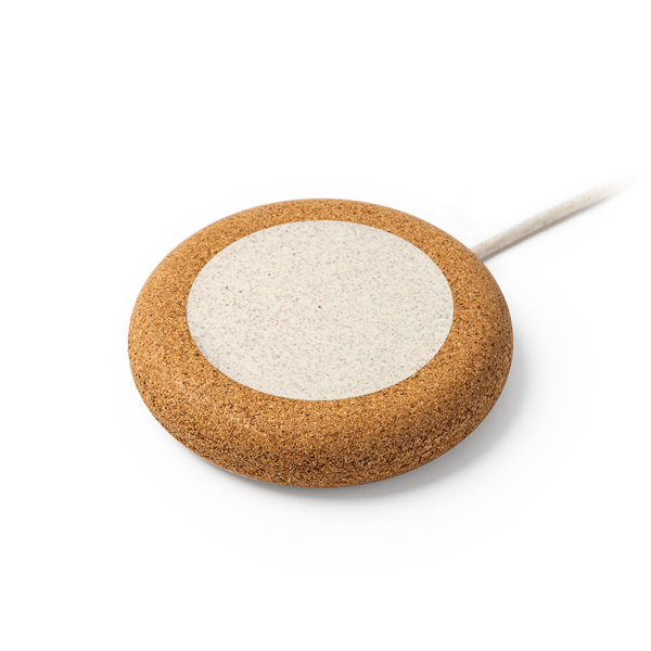 Wireless charger with natural cork body and wheat fibre.