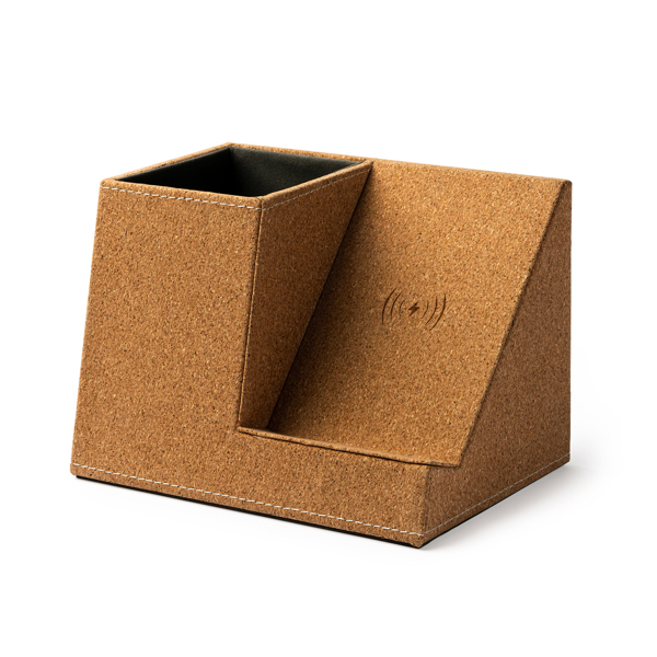 Pencil holder with integrated wireless charger. Made of natural cork.
