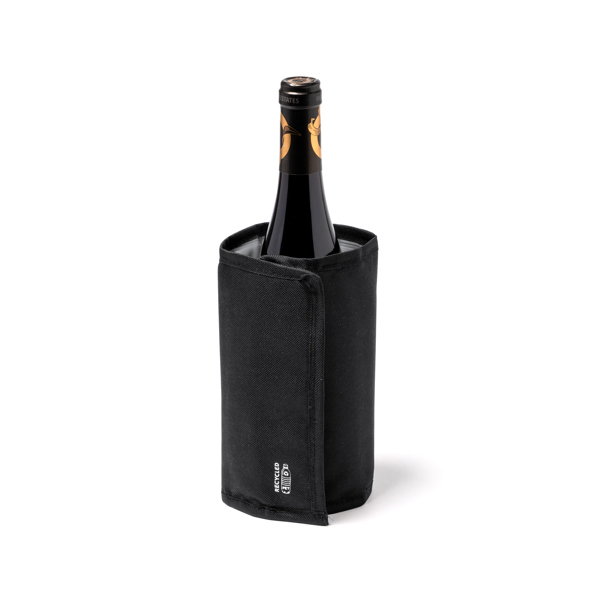 Bottle cooler sleeve in RPET, with adjustable velcro fastening.