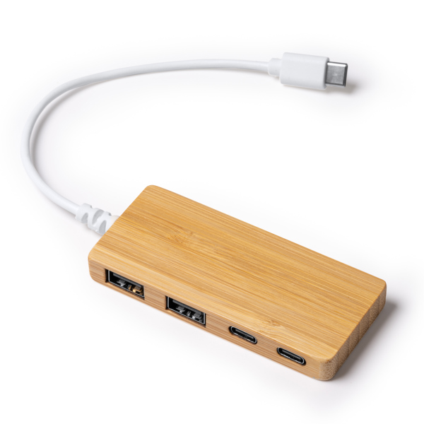 USB hub port in bamboo. Type C input connection. Two USB and two Type C output ports. Presentation in eco design box.