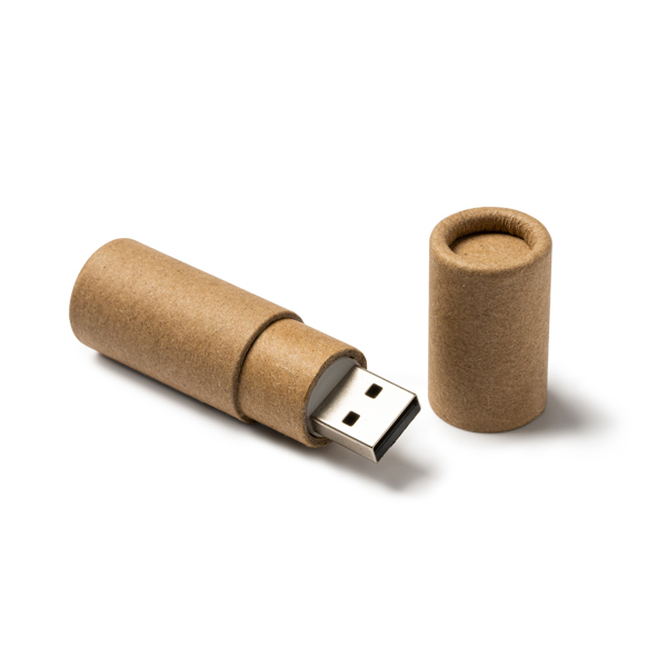 Cylindrical USB memory stick in recycled cardboard. 16GB capacity.