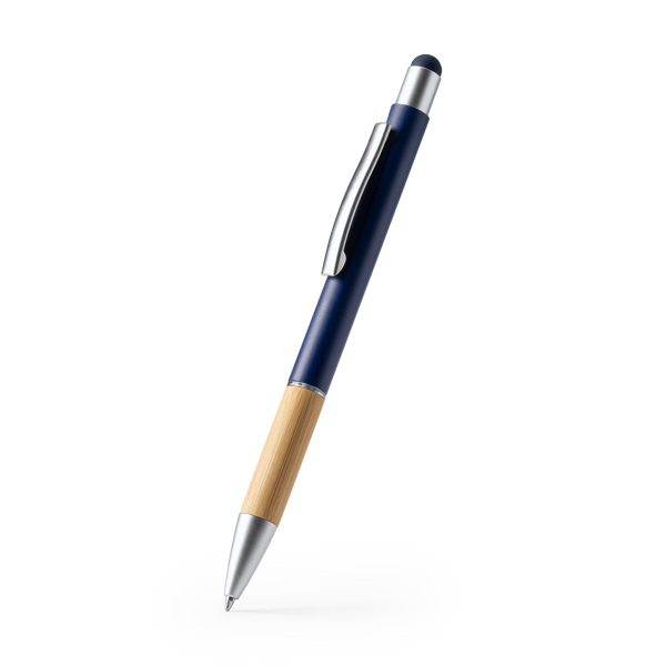 Metal ball pen in matt finish with bamboo grip and touch pointer. Blue ink.