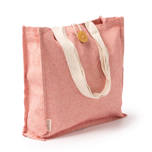 Recycled cotton bag in heather finish. Reinforced 70 cm long handles. Button fastening.