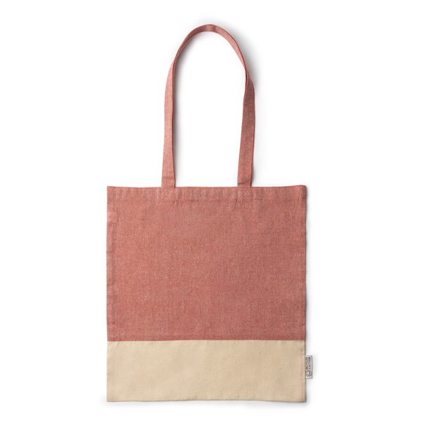 Recycled cotton bag in a heather finish design and 120 gsm natural cotton. Reinforced 70 cm long handles.