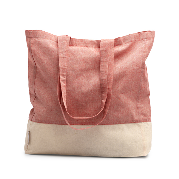 Recycled cotton bag in a heather finish design and 120 gsm natural cotton with gusset. Reinforced 70 cm long handles.