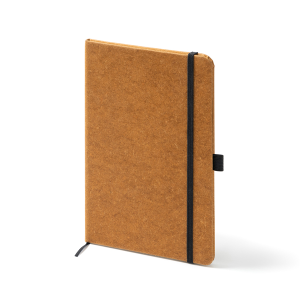 A5 notebook with hard covers in recycled leather. Bookmark and elastic band.