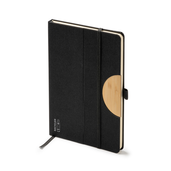 A5 notebook. RPET hard covers with stand function. Elastic band, bookmark and pen holder.