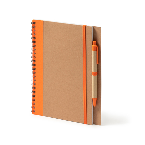 Spiral ring notebook with recycled cardboard hardcovers. Matching pen blue ink