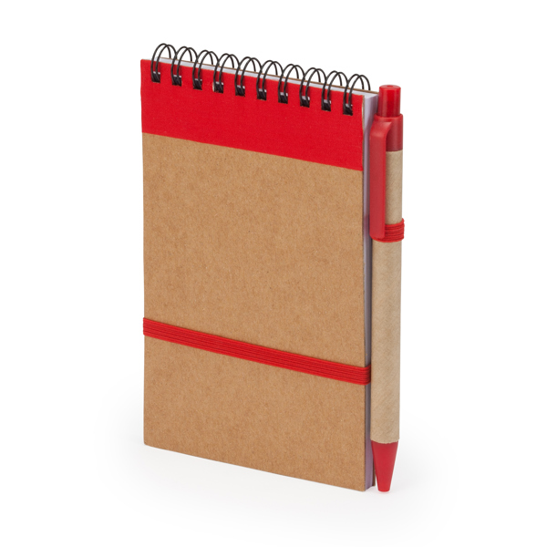 Spiral ring notebook with recycled cardboard hardcovers. Includes matching pen blue ink.