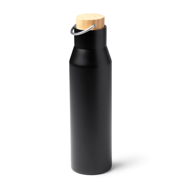 Double-walled 304 stainless steel thermal bottle with bamboo cap. 