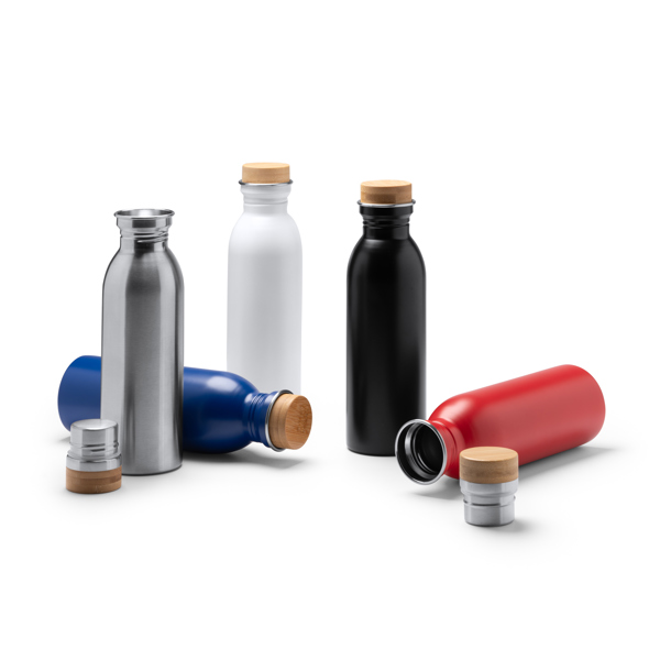 Recycled 304 stainless steel bottle in a matt finish with bamboo cap. BI1224