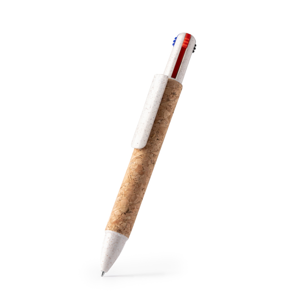 Retractable 3-ink ball pen. Cork and wheat fibre structure. Blue, red and black ink.