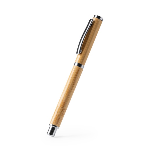 [BL7983] Roller pen with bamboo body and metal details. Jumbo refill in blue ink.