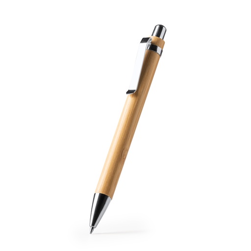 [BL7986] Bamboo ball pen with push button and metal details. Blue ink.