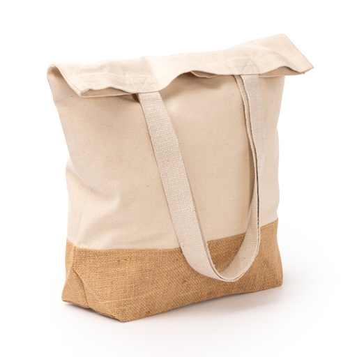 [BO1352] Bag in 330 gsm recycled cotton and natural yute. 70 cm long handles.