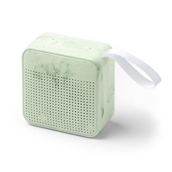 Wireles speaker made from recycled bottle caps. 3W output. Practical carry handle in RPET polyester.