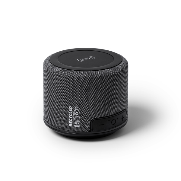 Wireless speaker in RPET fabric with wireless 5W dock station. 3W output.