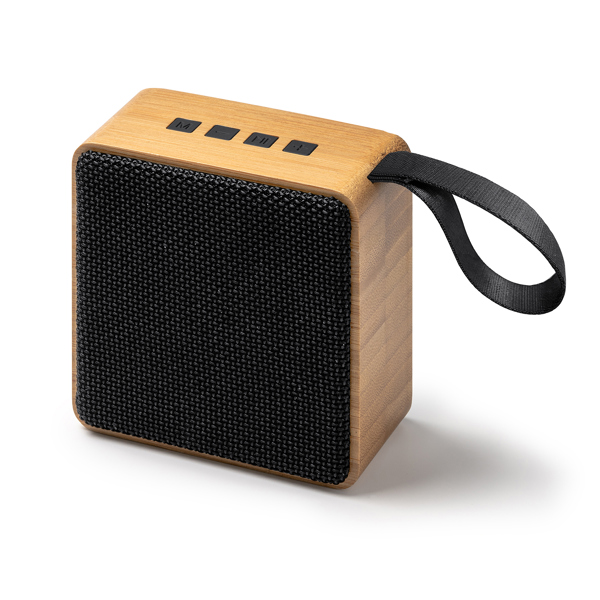 Wireless speaker with main structure in bamboo and RPET fabric.