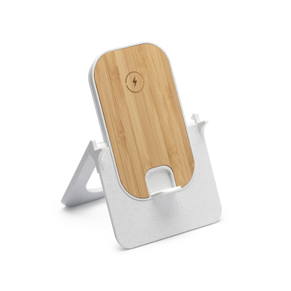 Wireless charger with a bamboo body and wheat fibre base for charging your smartphone.