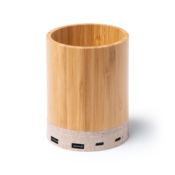 Pencil holder in bamboo and base with wireless charger function in wheat fibre.
