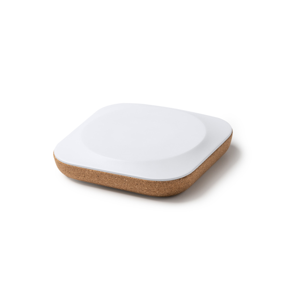 Wireless charger with structure in recycled ABS and natural cork. 10W fast charge.