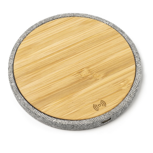 [CR2988] Wireless charger with main structure in bamboo and RPET fabric, compatible with wireless technology devices. 10W output.