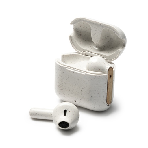 [EP3041] Wireless earbuds in wheat fibre and bamboo, with charging case.